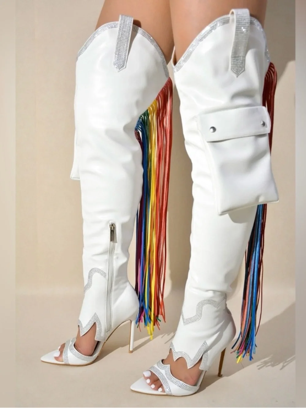 Cape Robbin Lise White Rainbow Fringe Cargo Western Thigh High Boots NWOT 8.5